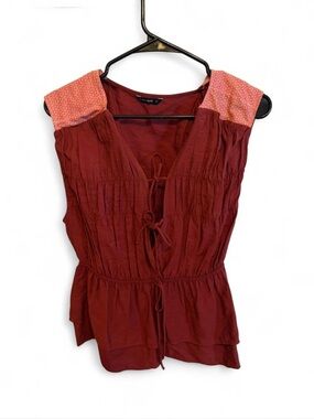Calliope Rust Red Peasant Blouse with Pink Yoke